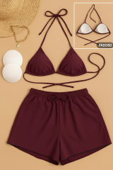 Kadın 3'lü Set Bordo Şortlu ve Yandan Bağlamalı Bikini Mayo Takımı