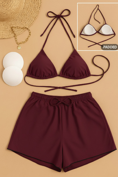 Kadın 3'lü Set Bordo Şortlu ve Yandan Bağlamalı Bikini Mayo Takımı