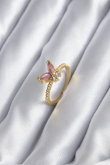 Gold Renk Pembe Zirkon Taşlı Kelebek Model Kadın Yüzük 5886
