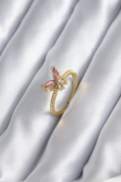 Gold Renk Pembe Zirkon Taşlı Kelebek Model Kadın Yüzük 5886