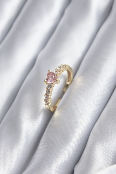 Gold Renk Zirkon Taşlı Pembe Kristal Kalp Model Kadın Yüzük 5886