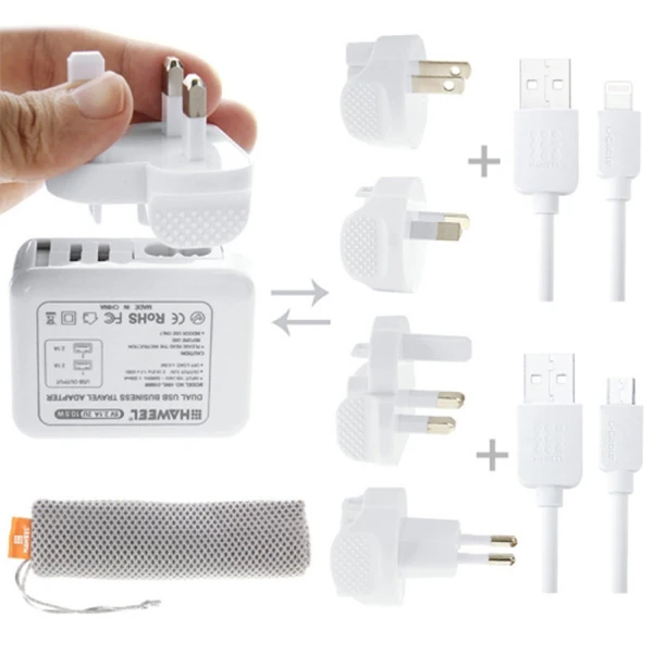 Haweel Universal Seyahat Şarj Adaptör İPhone Ve 1 Mikro Usb Şarj Kablosu Set-(5775)