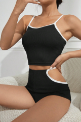 Kadın Siyah Beyaz Şortlu Cut-Out Detaylı Gecelik Takımı H110470