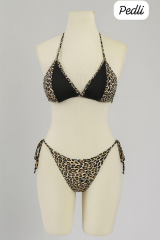 Kadın Siyah ve Leopar Detaylı Yandan Bağlamalı Bikini Takımı