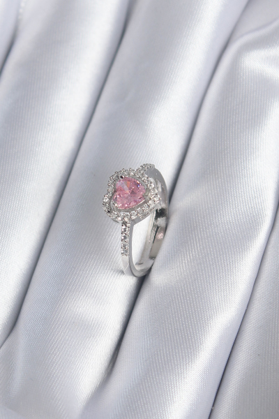 Pirinç Gümüş Renk Pembe Zirkon Taş Kalp Charm Model Kadın Yüzük 5886