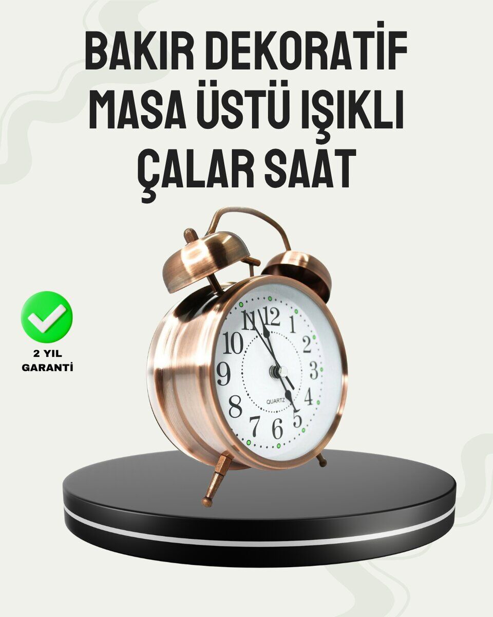 Nostaljik Büyük Boy Metal Masa Saati Bronz Kaplama ve Yüksek Sesli Alarm
