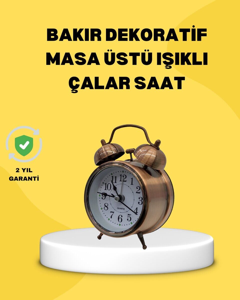 Dekoratif Bronz Renk Metal Alarmlı Masa Üstü Saat Klasik Tasarım