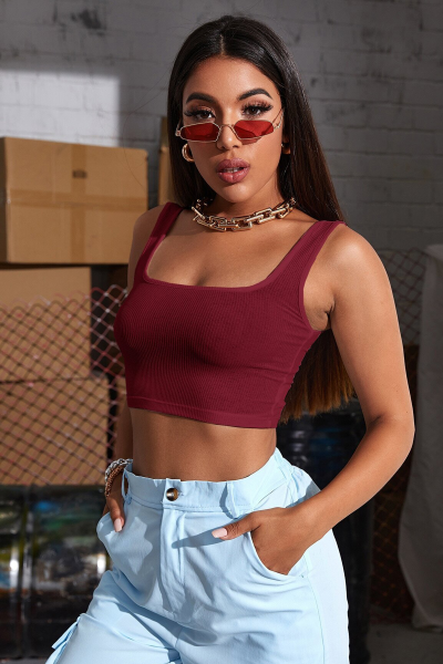 Kadın Bordo Kalın Askılı Crop Top Büstiyer