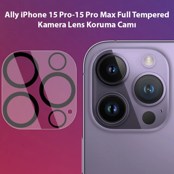 Ally iPhone 15 Pro-15 Pro Max Full Tempered Kamera Lens Koruma Camı-(5775)