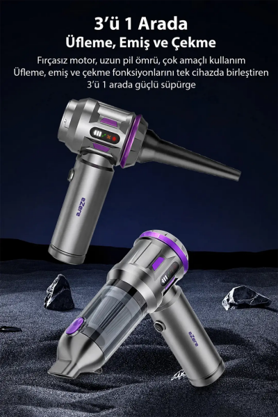 EZERE TurboVac 20000pa Güçlü Dijital Göstergeli Vakumlu Kablosuz Üflemeli Mini Araç Süpürgesi-(5775)