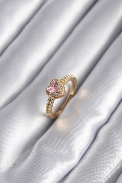 Pirinç Gold Renk Pembe Zirkon Taş Kalp Charm Model Kadın Yüzük 5886