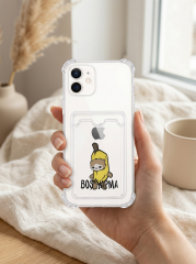 iPhone 12 Boş Yapma Muz Detaylı Kart Bölmeli Şeffaf Telefon Kılıfı