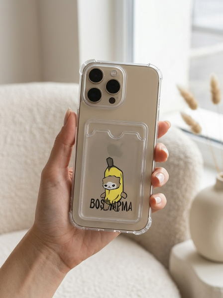 iPhone 16 Pro Max Boş Yapma Muz Detaylı Kart Bölmeli Şeffaf Telefon Kılıfı