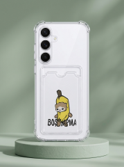 Samsung Galaxy S25 Boş Yapma Muz Detaylı Kart Bölmeli Şeffaf Telefon Kılıfı