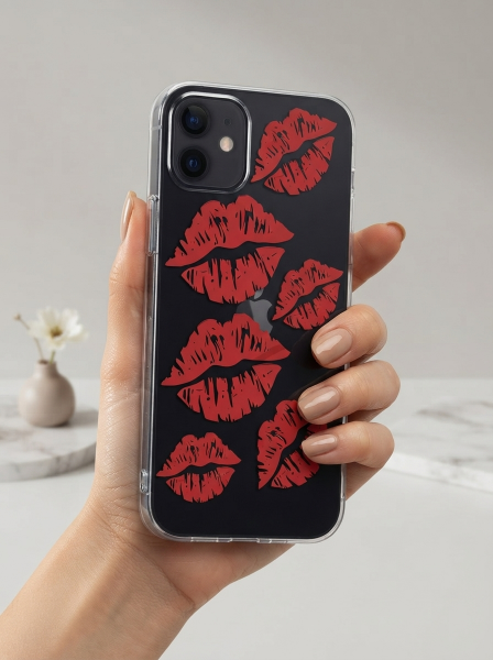 iPhone 12 Kırmızı Dudak / Öpücük Desenli Şeffaf Telefon Kılıfı