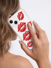 İphone 14 Kırmızı Dudak / Öpücük Desenli Şeffaf Telefon Kılıfı