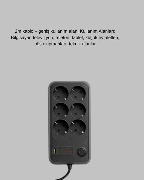 USB Type-C Destekli Termal Korumalı 6’lı Uzatma Priz 10A 2m