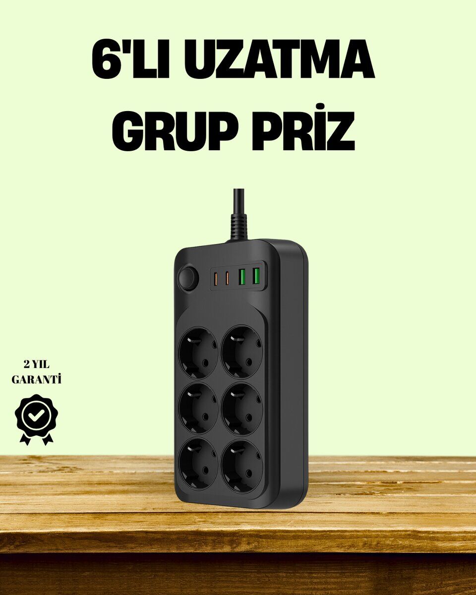 2500W Güçlü 6’lı Priz USB ve Type-C Çıkışlı Termal Korumalı