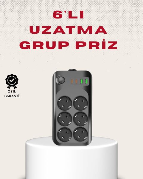 6’lı Grup Priz Termal Korumalı USB Type-C Çoklu Priz 2 Metre Kablo