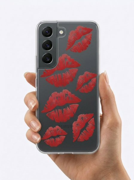 Samsung Galaxy S22 Kırmızı Dudak / Öpücük Desenli Şeffaf Telefon Kılıfı