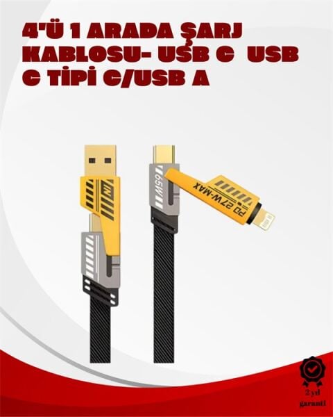 Dönüştürülebilir 4 Başlıklı Hızlı Şarj Kablosu – 1.2m 65W Dayanıklı ve Esnek Tasarım