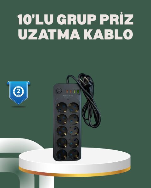Termal Koruma Sistemli USB Type-C 10’lu Grup Priz 2m 2500W Güç Kapasiteli