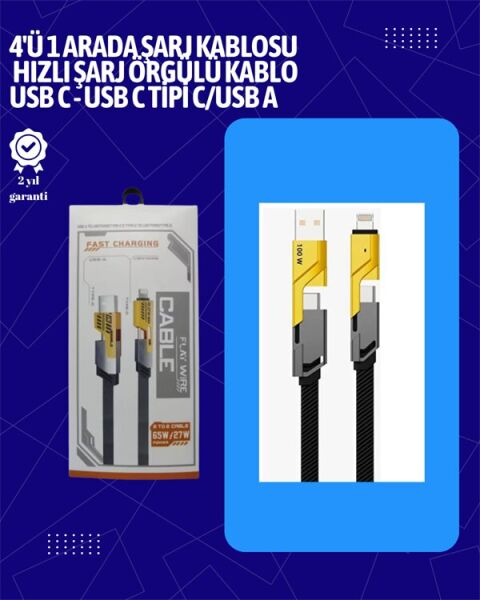 USB-C ve Lightning Uyumlu 4'ü 1 Arada Kablo – 65W Hızlı Şarj Örgülü Dayanıklı Yapı