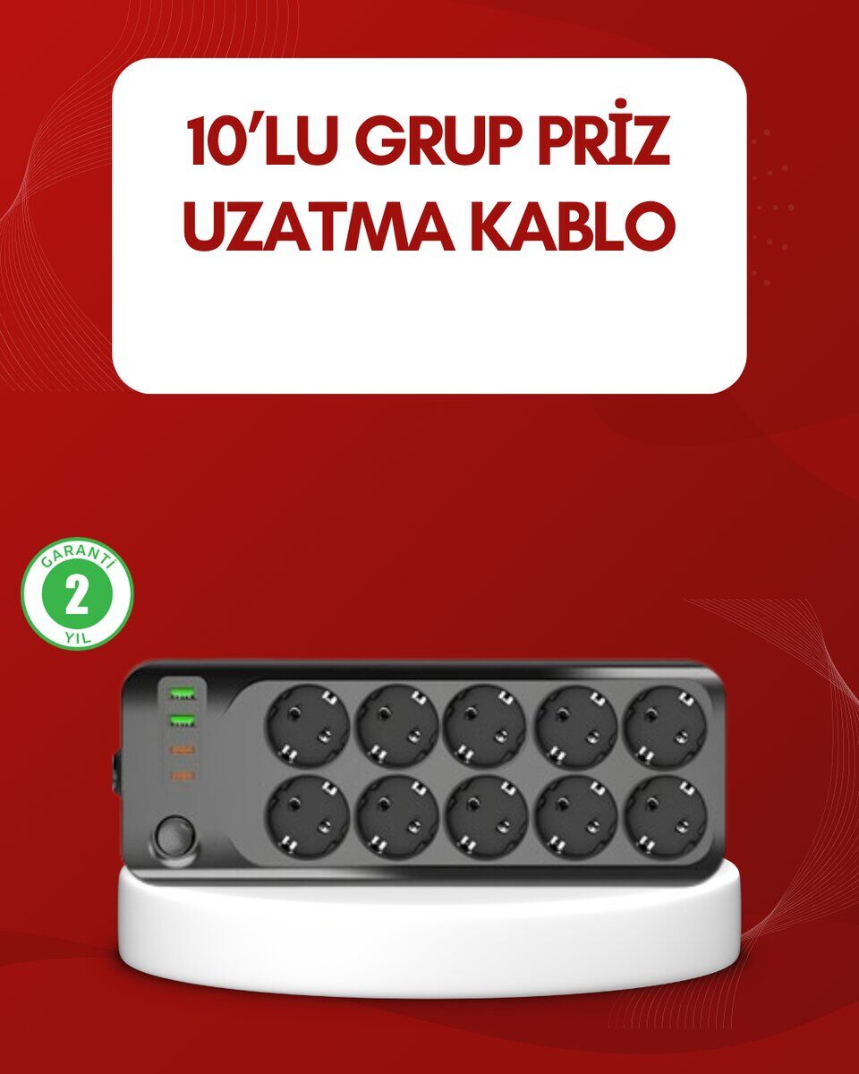 USB Type-C Destekli 10’lu Grup Priz Termal Korumalı 2m Kablo 2500W