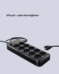 USB Type-C Destekli 10’lu Grup Priz Termal Korumalı 2m Kablo 2500W