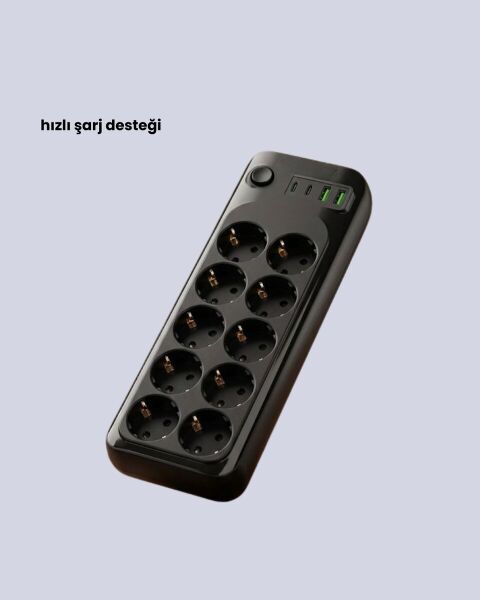 USB Type-C Destekli 10’lu Grup Priz Termal Korumalı 2m Kablo 2500W