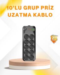10’lu Çoklu Priz Termal Korumalı USB Type-C Çıkışlı 2500W Uzatma Kablosu