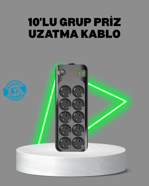 Termal Akım Korumalı 10’lu Grup Priz USB Type-C Hızlı Şarj 2500W 2m Kablo