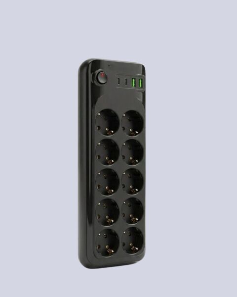 Termal Akım Korumalı 10’lu Grup Priz USB Type-C Hızlı Şarj 2500W 2m Kablo