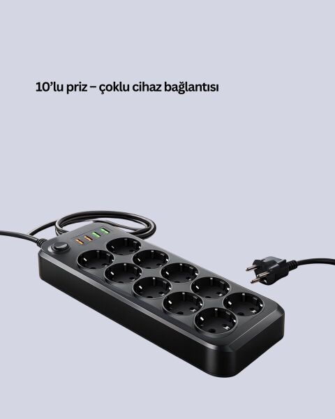 Termal Akım Korumalı 10’lu Grup Priz USB Type-C Hızlı Şarj 2500W 2m Kablo
