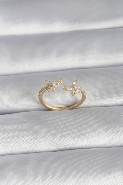 Pirinç Gold Renk Zirkon Taşlı Kelebek Model Kadın Yüzük 5886