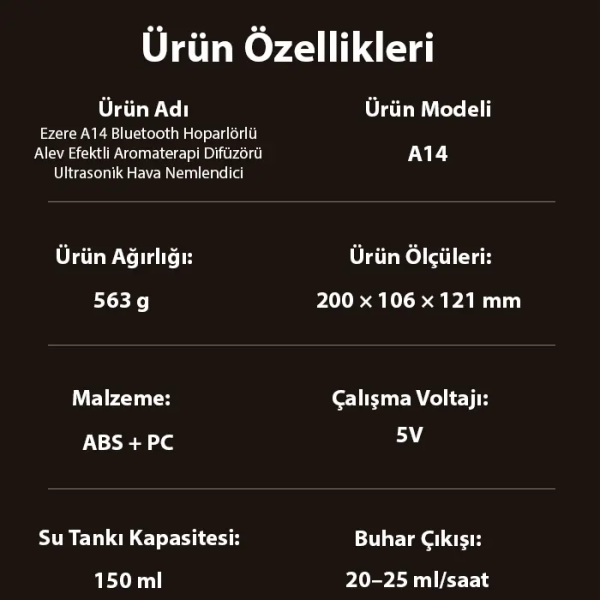 Ezere A14 Bluetooth Hoparlörlü Alev Efektli 8 Sesli Renkli Alev Görünümlü Aromaterapi Difüzörü Ultrasonik Hava Nemlendici-(5775)