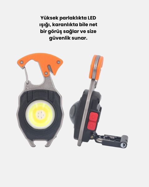 Mini LED Anahtarlık Fener – Şişe Açacağı Tornavida Düdük ve USB Şarj Özellikli