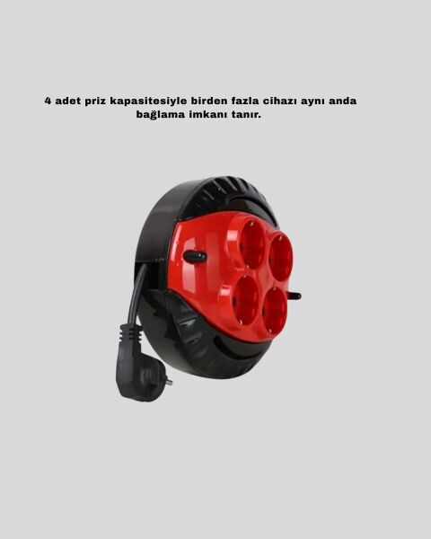 Kırmızı Renk 3 Metre 4’lü Kablolu Priz Makarası