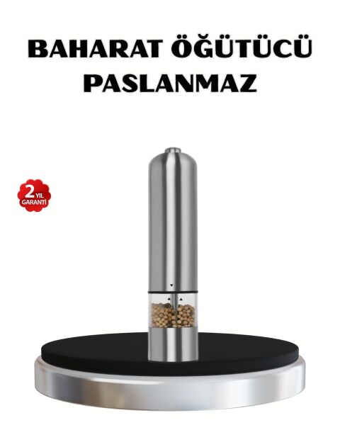 Modern Otomatik Baharat Öğütücü Seti – Pilli Paslanmaz Çelik LED Aydınlatmalı