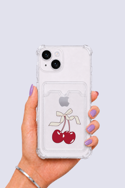 iPhone 13 Kartlıklı Kiraz Desenli Kılıf