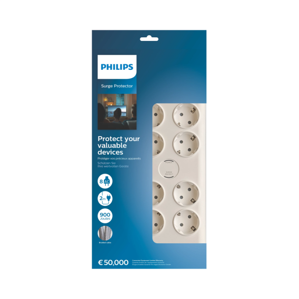 PHILIPS SPN7080WA/62 8 Soket Akım Korumalı Priz 900 Joules 2Mt Örgülü Kablo (Beyaz)(1923)
