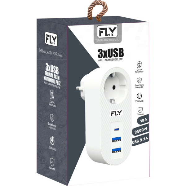 FLY 3400-01 1 Soket 2 USB 1 Type-C Akım Korumalı Priz 2.1A (Beyaz)(1923)