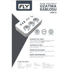 FLY 3406-01 3 Soket 3 USB Akım Korumalı Priz 2.1A Anahtarlı 2Mt Kablo (Beyaz)(1923)