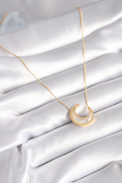 316L Çelik Gold Renk Beyaz Sedefli Hilal Model Kadın Kolye 5886