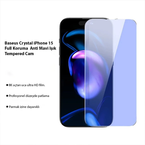 Baseus Crystal iPhone 15 Full Koruma Anti Mavi Işık Tempered Cam Ekran Koruyucu 2 Adet Set-(5775)