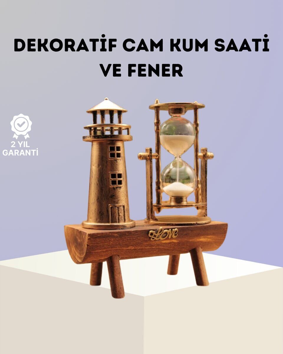 Dekoratif Ahşap Kum Saati ve Deniz Feneri Figürlü Masa Süsü – Şık ve Fonksiyonel Tasarım