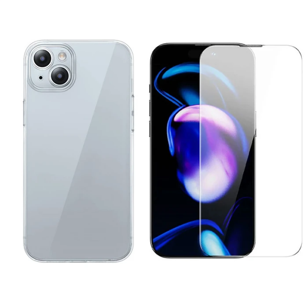 Baseus iPhone 15 Plus Schott Serisi Şeffaf Silikon Kılıf + Tempered Ekran Koruyucu Set-(5775)