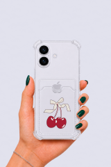 iPhone 16 Kartlıklı Kiraz Desenli Kılıf