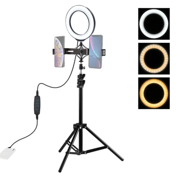PULUZ 1.1M Çift Telefon tutucu 6.2CM Led Işık Stand YoutuberCanlı Yayın Selfie TikTok Makeup-(5775)