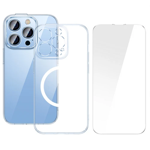 Baseus iPhone 15 Pro Crystal Serisi Manyetik Magsafe Silikon Kılıf + Tempered Ekran Koruyucu Set-(5775)